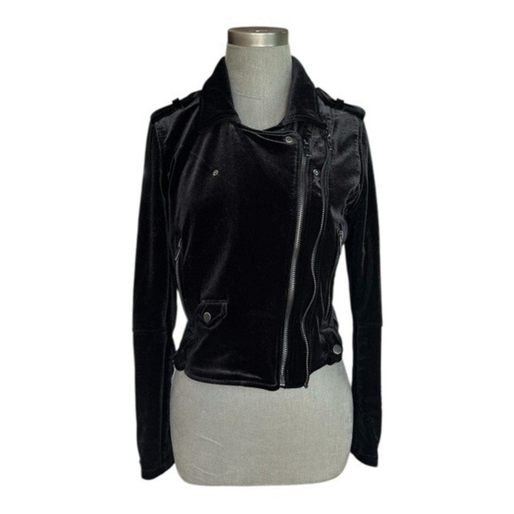 BlankNYC Anthropologie Black Velvet Moto Jacket M Zip Front Biker Crushed - Picture 3 of 11